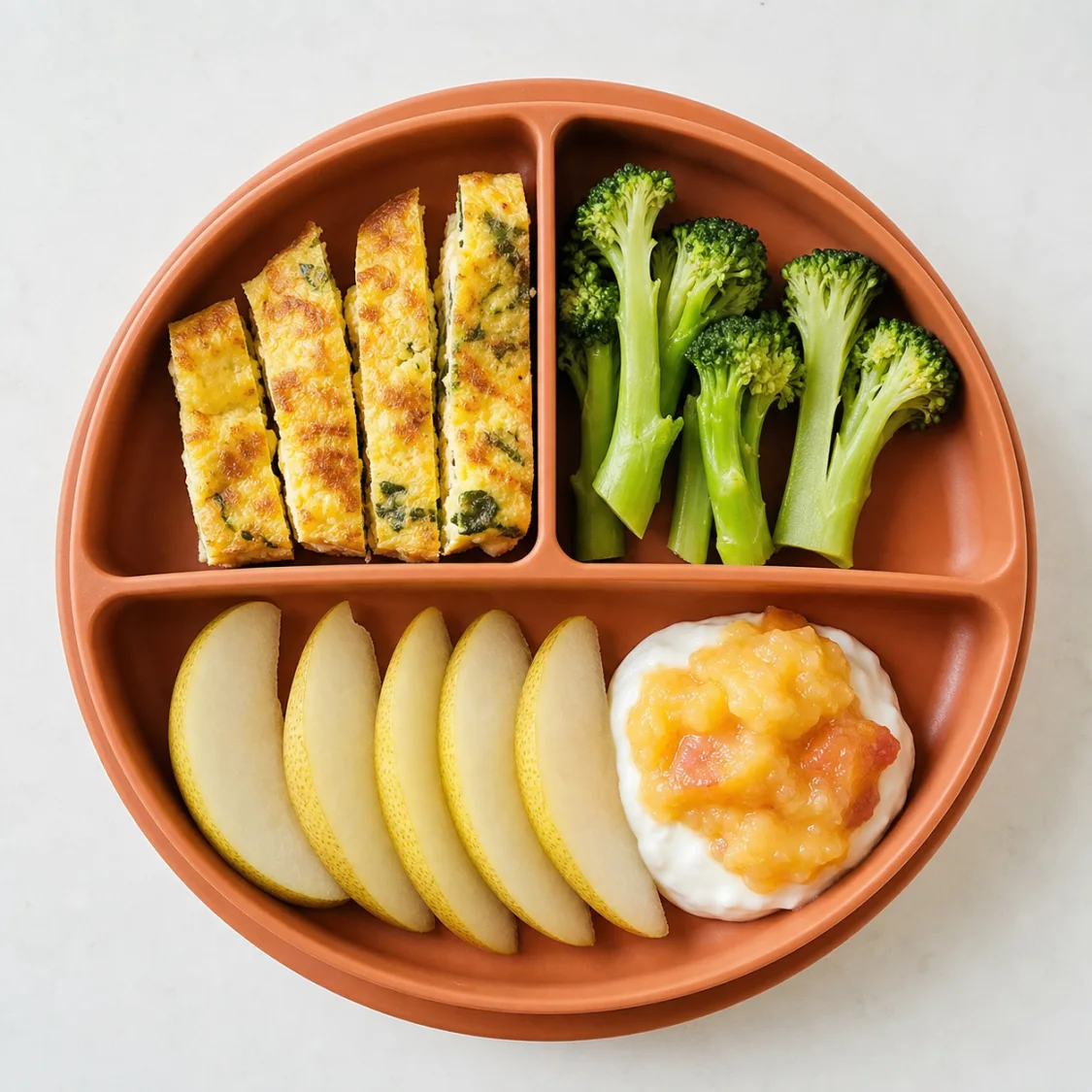 Baby-led weaning plate with egg strips, broccoli, pear, and yogurt