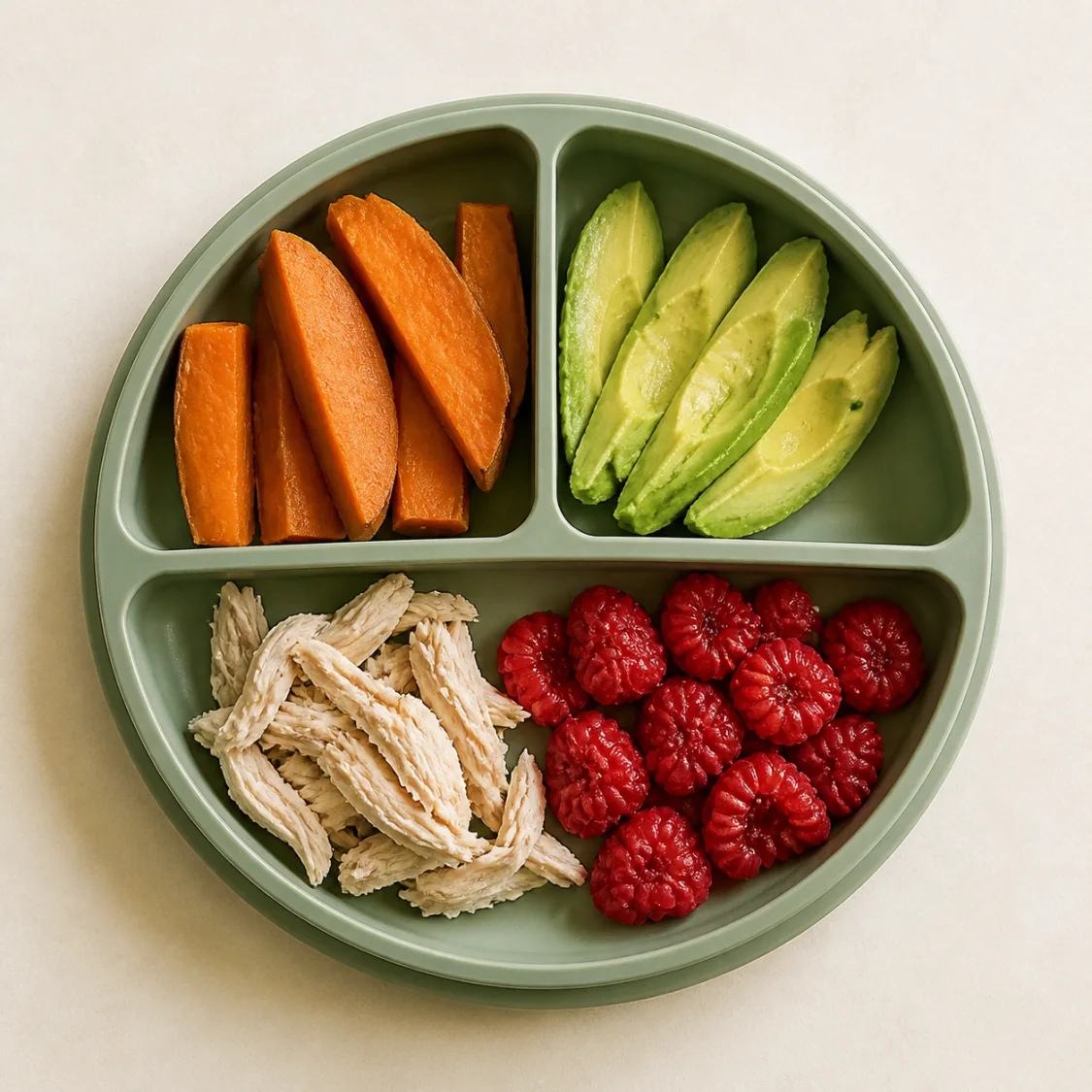 Baby-led weaning plate with sweet potato, avocado, chicken, and raspberries