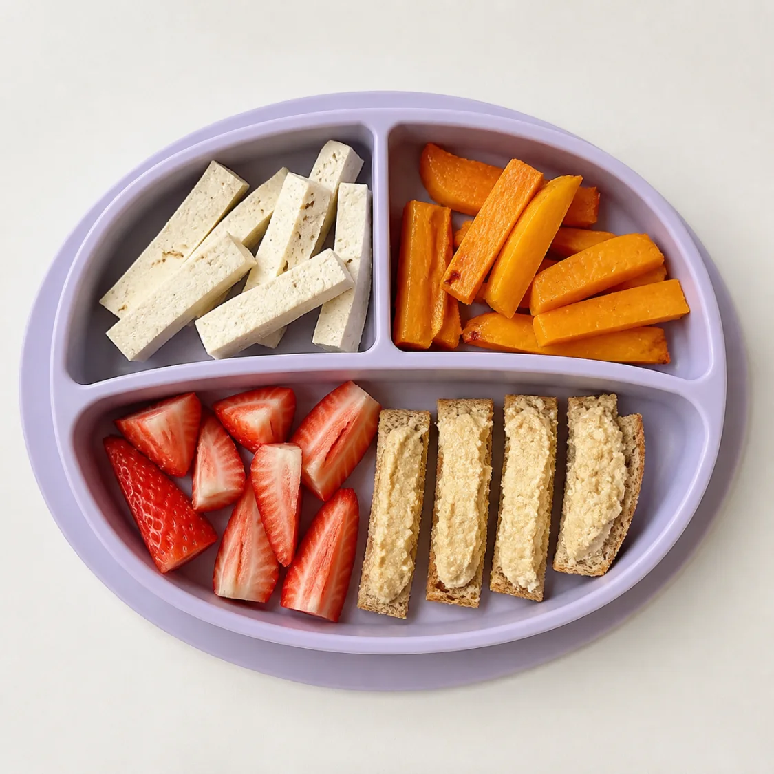 Baby-led weaning plate with tofu, squash, strawberries, and hummus toast